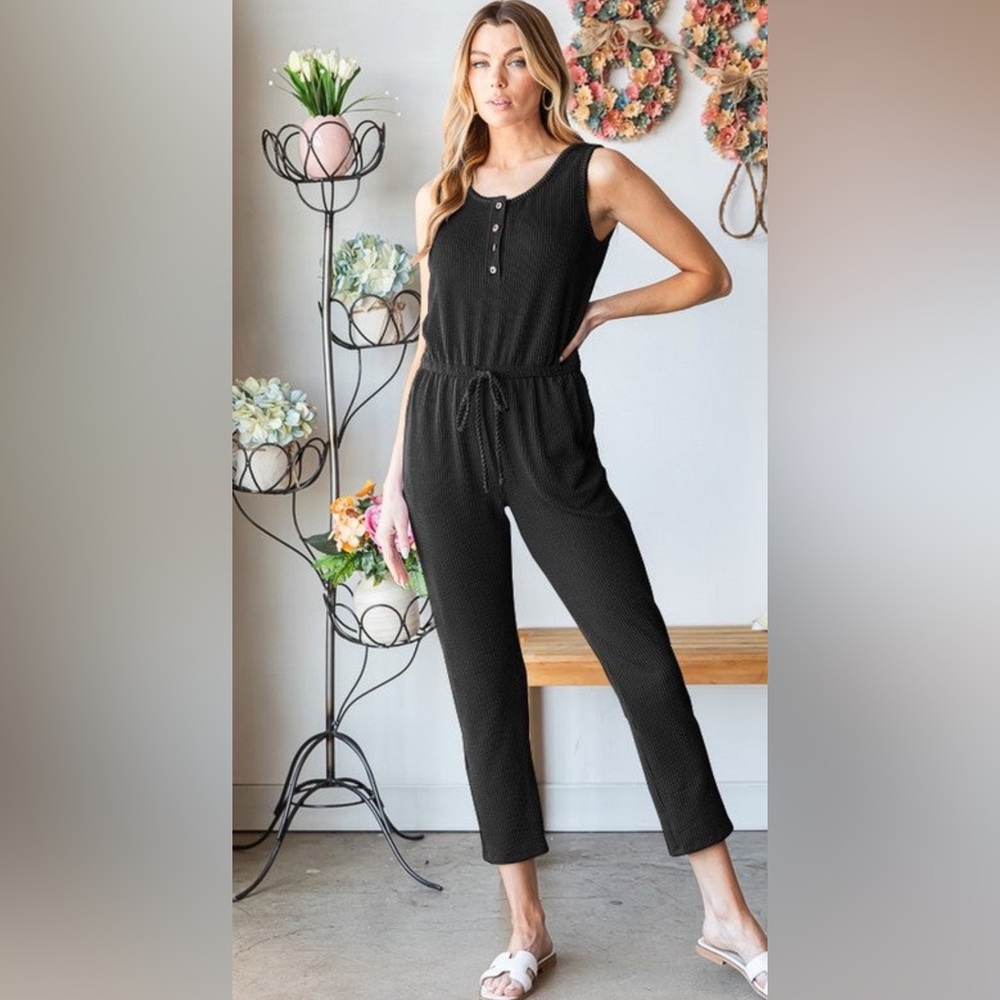 HEIMISH USA Black Jumpsuit with Drawstring Waist and Tapered Legs